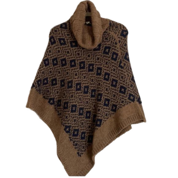 Fratelli Talli Navy Blue Brown Alpaca Wool Blend Pullover Poncho Made in Italy - Picture 1 of 13